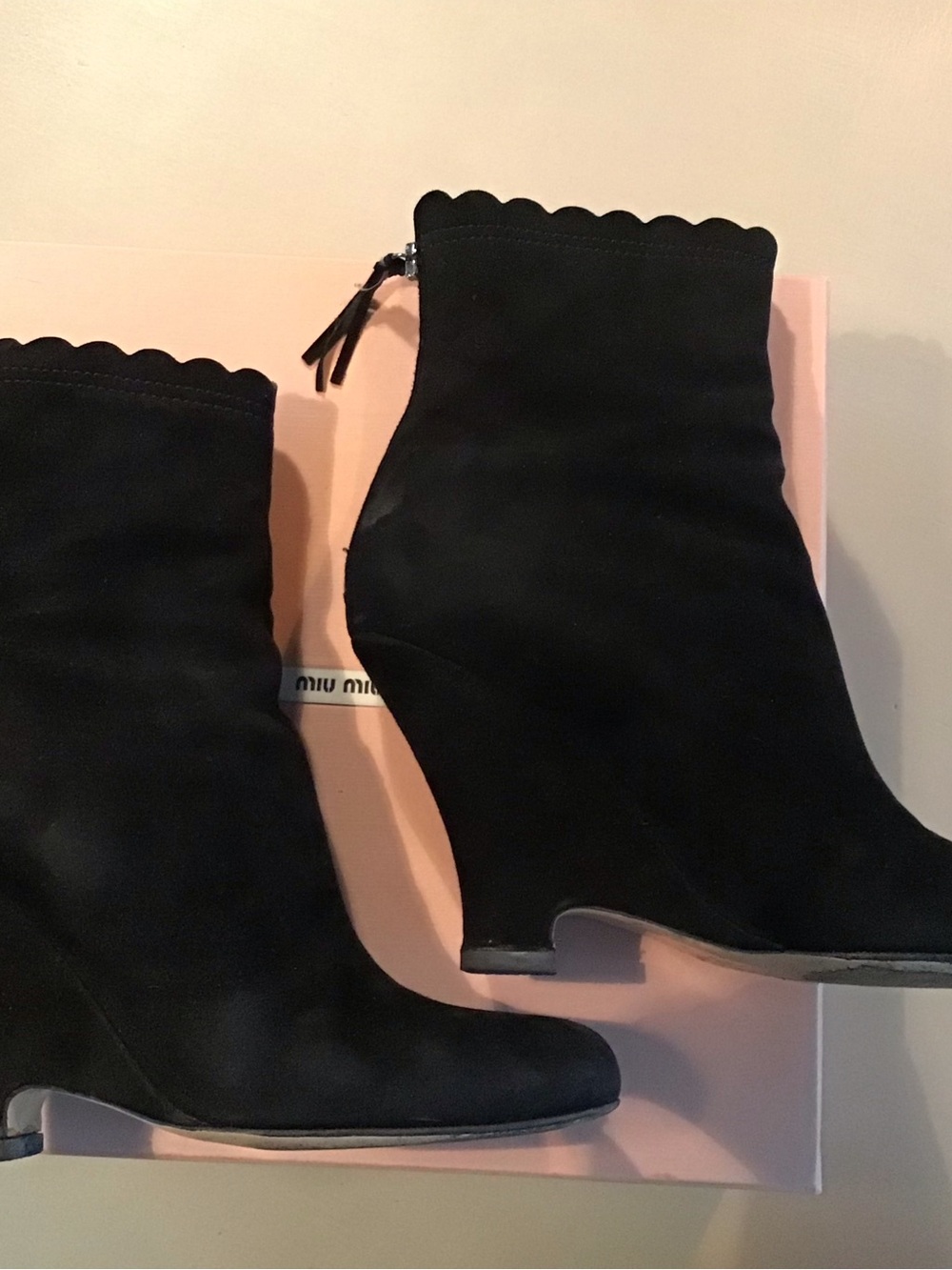 Miu Miu Black Suede Scalloped-Top Wedge Ankle Boots